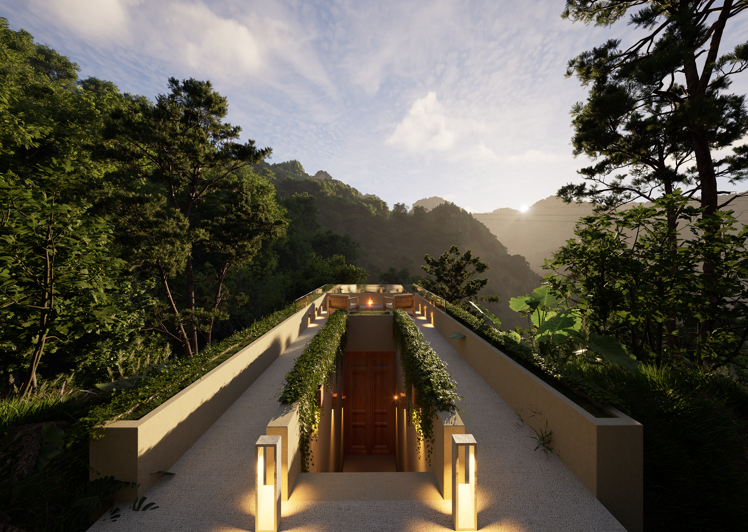 Render arquitectónico del acceso principal de Siete Raíces - Hotel boutique en Concepción